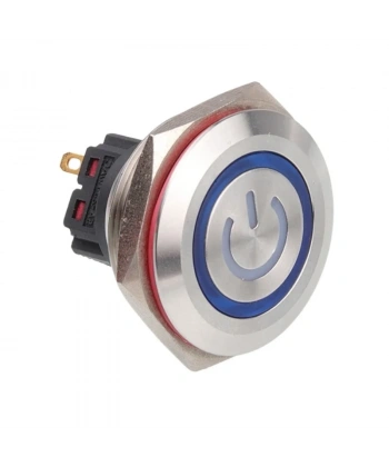 28B-P1-EC 28mm Düz Yaylı Işıklı Power Metal Buton - Mavi
