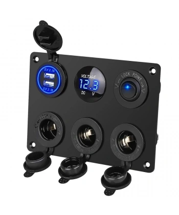 3lü Dişi Çakmaklık Soketi 2x5V USB Voltaj Göstergeli ve Mavi Nokta Işıklı Anahtar Switch Panel