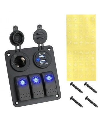 3lü ON-OFF Işıklı Anahtar Switch Panel 2x5V USB ve Çakmaklık Çıkışlı