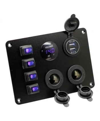 4lü ON-OFF Mavi Su Geçirmez Işıklı Switch Panel 2x5V USB 2xDişi Çakmaklık ve Voltaj Göstergeli