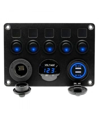 5li ON-OFF Mavi Nokta Işıklı Anahtar Switch Panel 2x5V USB Çakmaklık ve Voltaj Göstergeli
