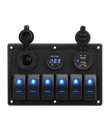 6lı ON-OFF Işıklı Anahtar Switch Panel 2x5V USB Çakmaklık ve Voltaj Göstergeli