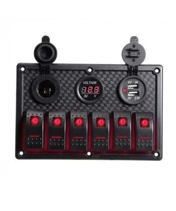 6lı ON-OFF Kırmızı Işıklı Anahtar Switch Panel 2x5V USB Çakmaklık ve Voltaj Göstergeli