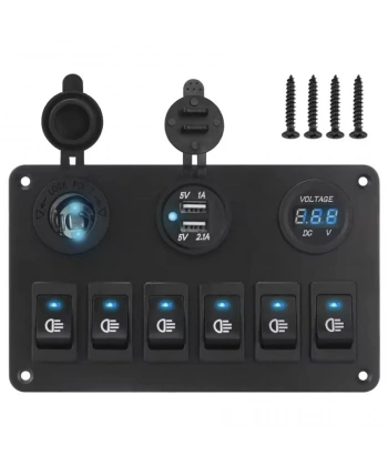 6lı ON-OFF Mavi Işıklı Anahtar Switch Panel 2x5V USB Çakmaklık ve Voltaj Göstergeli