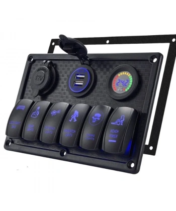 6lı ON-OFF Mavi Işıklı Anahtar Switch Panel 2x5V USB Çakmaklık ve Voltaj Göstergeli