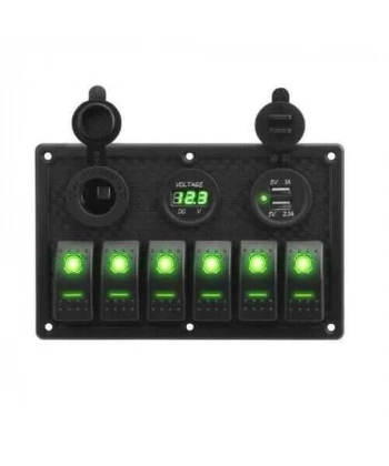 6lı ON-OFF Yeşil Işıklı Anahtar Switch Panel 2x5V USB Çakmaklık ve Voltaj Göstergeli
