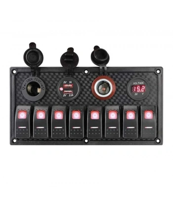 8li ON-OFF Kırmızı Işıklı Anahtar Panel 2x5V USB 2xÇakmaklık ve Voltaj Göstergeli