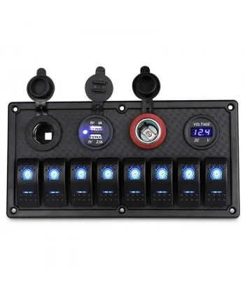 8li ON-OFF Mavi Işıklı Anahtar Panel 2x5V USB 2xÇakmaklık ve Voltaj Göstergeli