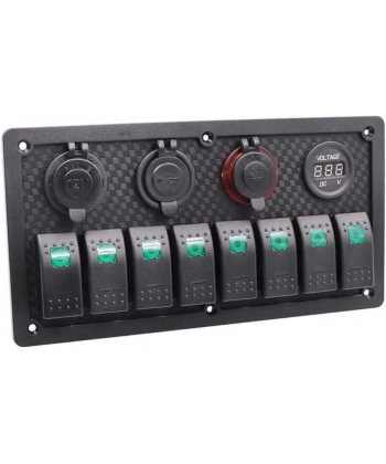 8li ON-OFF Yeşil Işıklı Anahtar Panel 2x5V USB 2xÇakmaklık ve Voltaj Göstergeli
