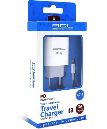 ACL L3 PD 3.4A 25 Watt 1xUSB-C 1mt Lightning Kablo Şarj Aleti