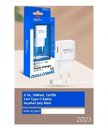 ACL M4 3.1A 18 Watt 1xUSB-A Type-C Kablolu Şarj Aleti