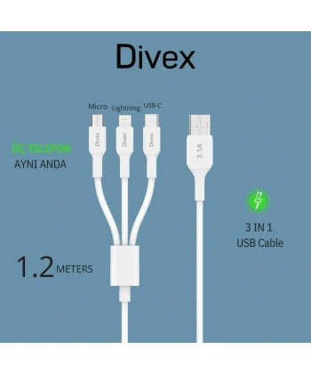 Divex 3.1A 3ü Bir Arada Hızlı Şarj Data Kablosu DC-113