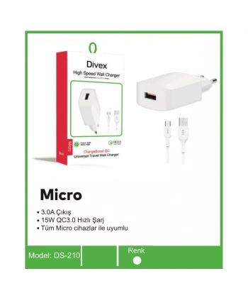 Divex QC3.0 Micro USB 3.0A 15W Hızlı Şarj Aleti DS-210