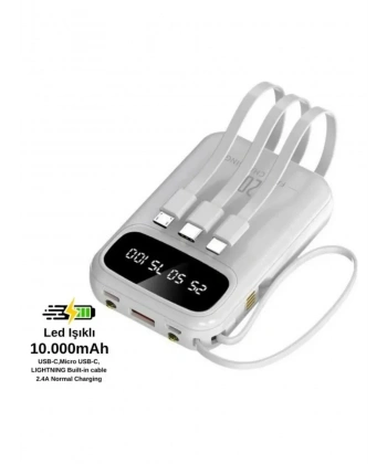PW-97 2.4A LCDli 1xUSB-A Dahili Mikro Type-C Lightning 10.000mAh Powerbank