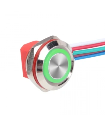 WD12C1-Wired-P1-E 12mm Düz Yaylı Yeşil Işıklı Metal Buton - Kablolu