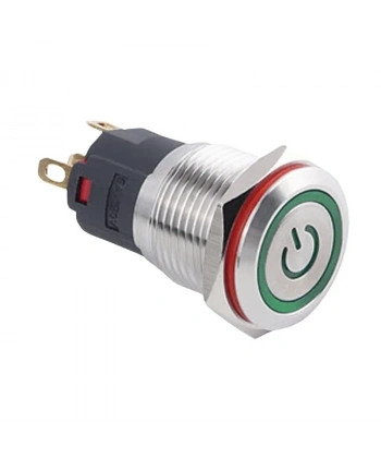 WD16A-P1Z-EC 16mm Düz Anahtarlı Işıklı Power Metal Buton - Yeşil