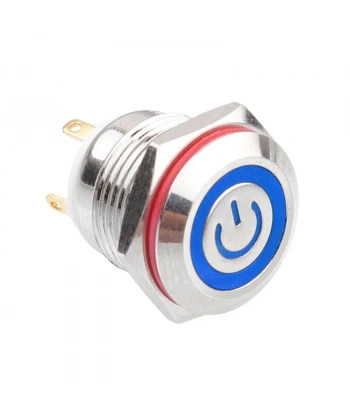 WD16H-P0-EC 16mm Düz Yaylı Işıklı Power Metal Buton - Mavi