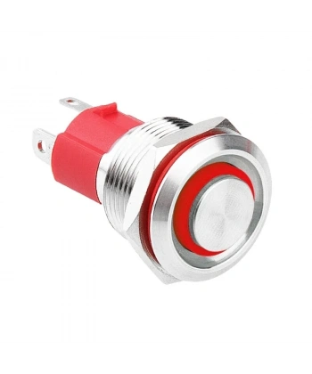 WD19D-P1-E 19mm Düz Yaylı Işıklı Metal Buton - Kırmızı