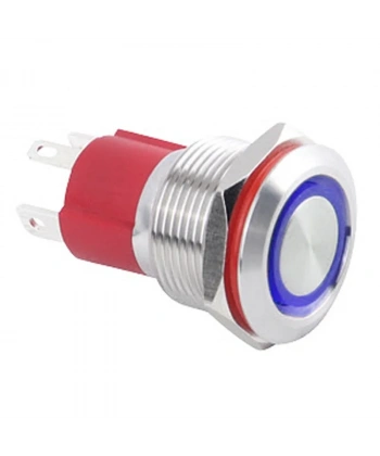 WD19D-P1-E 19mm Düz Yaylı Işıklı Metal Buton - Mavi