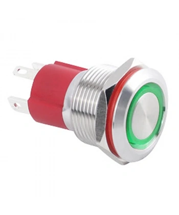 WD19D-P1Z-E 19mm Düz Anahtarlı Işıklı Metal Buton - Yeşil