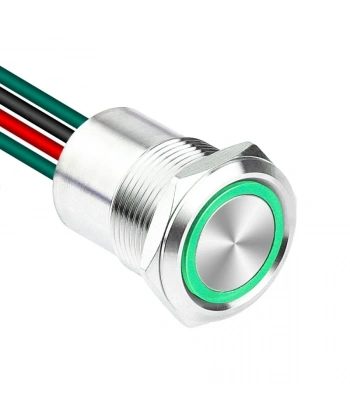 WD19D1-P2-E 19mm Düz Yaylı Işıklı Kablolu Metal Buton - Yeşil