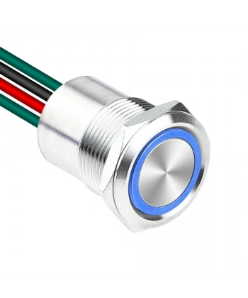 WD19D1-P2-E 19mm Flat Spring Illuminated Metal Button with Cable - Blue