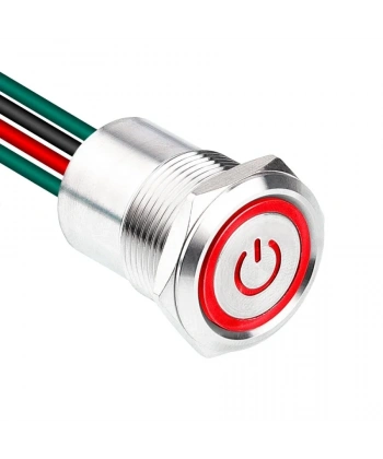 WD19D1-P2-EC 19mm Düz Yaylı Işıklı Power Kablolu Metal Buton - Kırmızı
