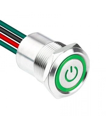 WD19D1-P2-EC 19mm Düz Yaylı Işıklı Power Kablolu Metal Buton - Yeşil