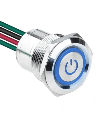 WD22D1-P2-EC 22mm Düz Yaylı Işıklı Power Kablolu Metal Buton - Mavi