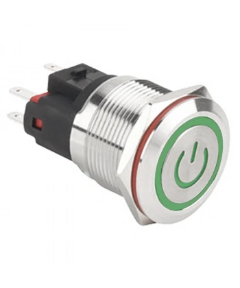 WD22E-P1Z-EC 22mm Düz Anahtarlı Işıklı Power Metal Buton - Yeşil