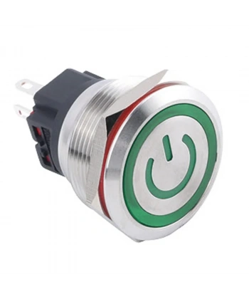 WD25B-P1-EC 25mm Düz Yaylı Işıklı Power Metal Buton - Yeşil