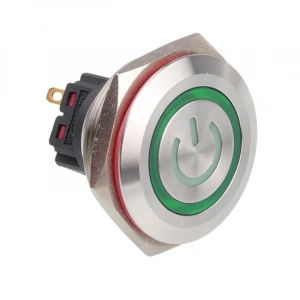 28B-P1Z-EC 28mm Düz Anahtarlı Işıklı Power Metal Buton - Yeşil
