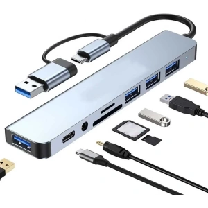 8 Girişli USB Hub Çoklayıcı Dönüştürücü PC Mac Laptop için (Windows 10/11 Uyumlu)