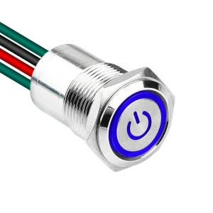 WD16D1-P2-EC 16mm Düz Yaylı Işıklı Power Kablolu Metal Buton - Mavi