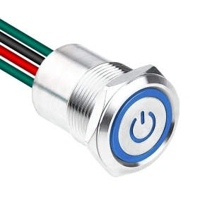 WD19D1-P2Z-EC 19mm Düz Anahtarlı Işıklı Power Kablolu Metal Buton - Mavi