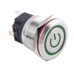 WD22B-P1-EC 22mm Düz Yaylı Işıklı Power Metal Buton - Yeşil