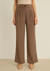 Üstü Pileli Tek Düğmeli Kahverengi Pantolon