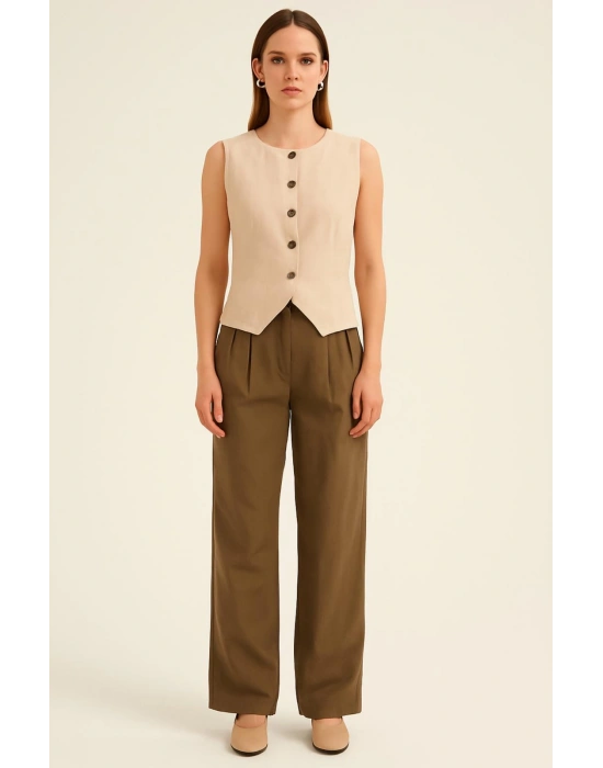 Üstü Pileli Kahverengi Pantolon