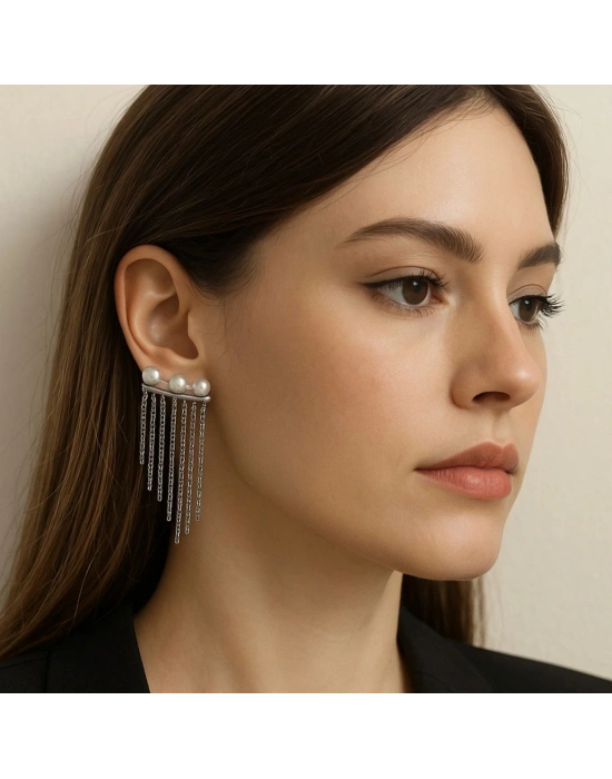 Gümüş İnci Detaylı Küpe