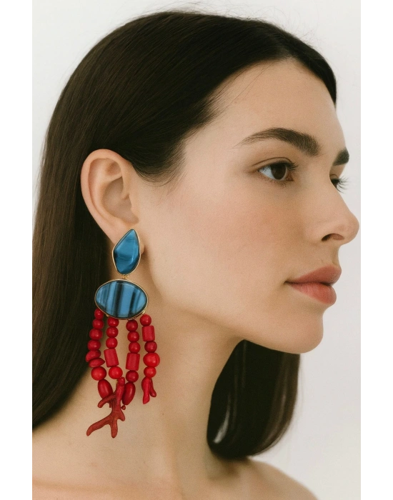 Kırmızı ve Mavi Taşlı Küpe