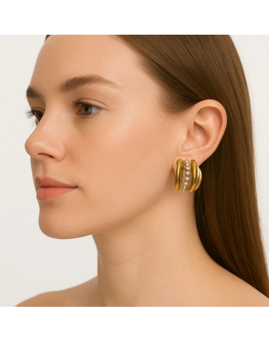 Gold Taş Detaylı Küpe