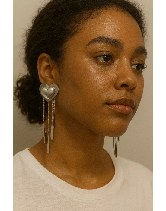 Gümüş Kalp Detaylı Küpe