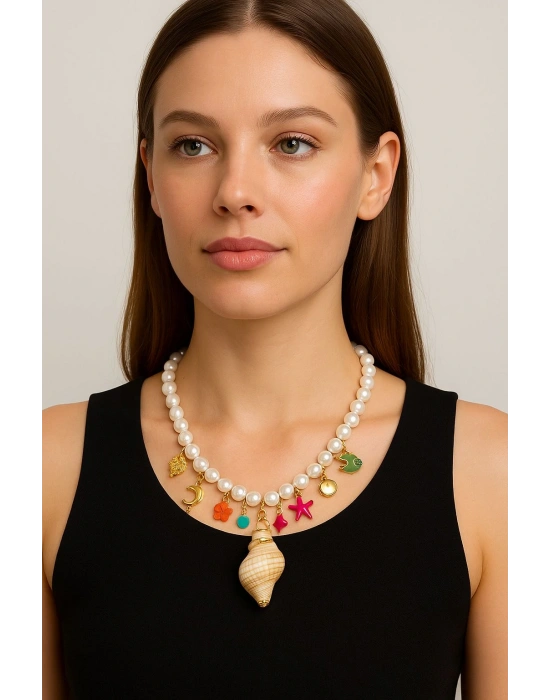 İnci Deniz Kabuğu Detaylı Kolye