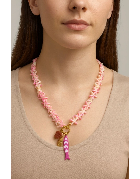 Pembe Yıldız ve Balık Detaylı Kolye