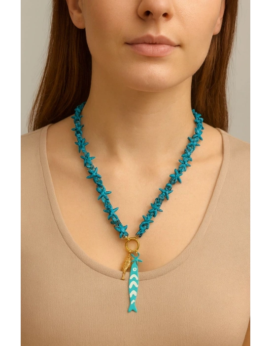 Mavi Yıldız ve Balık Detaylı Kolye