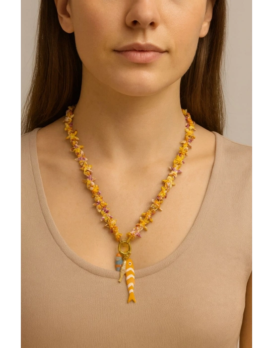 Sarı Yıldız ve Balık Detaylı Kolye