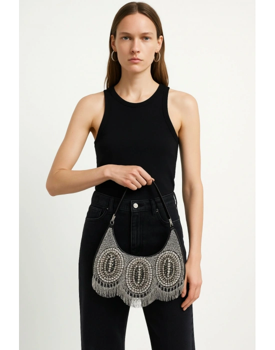 Siyah Taş İşlemeli Çanta