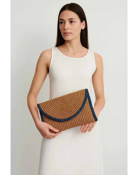 Lacivert Detaylı Hasır Çanta