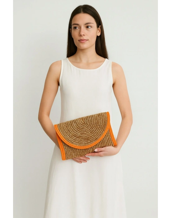 Turuncu Detaylı Hasır Çanta