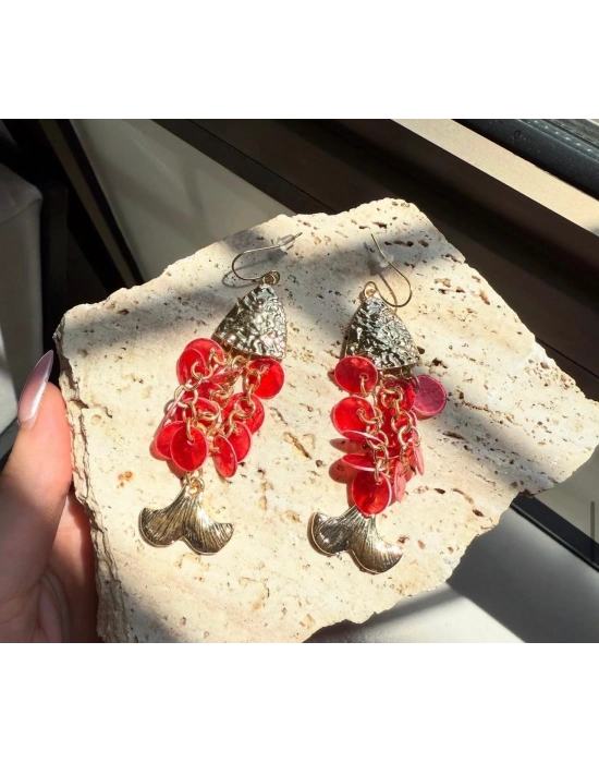 Kırmızı Boncuklu Balık Küpe